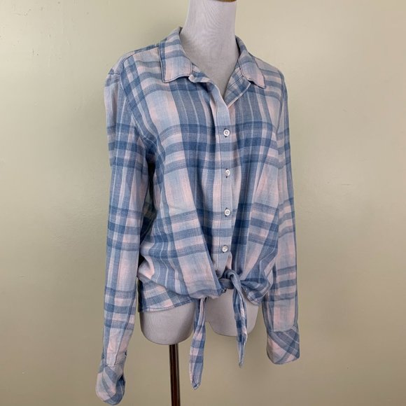 cloth & stone Tops - CLOTH & STONE Anthropologie Blue Pink Plaid Tie Hem Long Sleeve Button Shirt